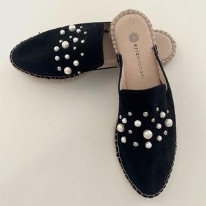 Eric Michael Black Suede Embellished Mules, Size 39, Like New